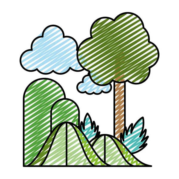 Doodle Belleza Montañas Árbol Exótico Plantas Vector Ilustración — Vector de stock