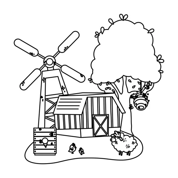 Ligne Ferme Maison Avec Moulin Abeilles Domestiques Illustration Vectorielle — Image vectorielle