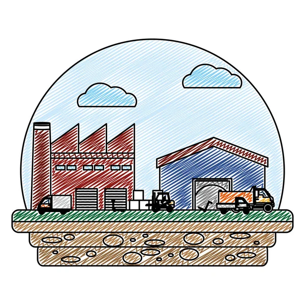 Doodle Consegna Negozio Con Camion Contenitori Scatole Vettoriale Illustrazione — Vettoriale Stock