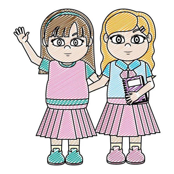 髪型と制服のベクトル図と美容女の子友達を落書き — ストックベクタ