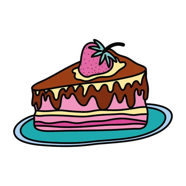 Gâteau Délicieux Couleur Avec Des Fraises Dans Illustration Vectorielle Plaque — Image vectorielle