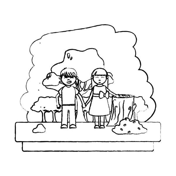 Grunge Boy Girl Forest Ecology Reserve Vector Illustration — Stock Vector