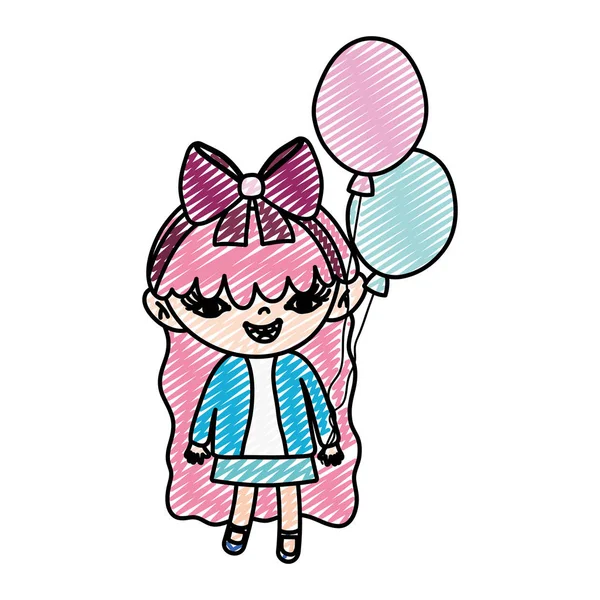 Doodle Dziecko Szczęśliwy Dziewczyna Ilustracji Wektorowych Ładne Balony — Wektor stockowy