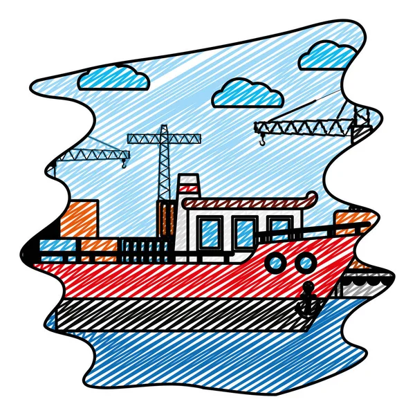 Doodle Transporte Buques Con Objeto Grúa Contenedores Ilustración Vectorial — Vector de stock