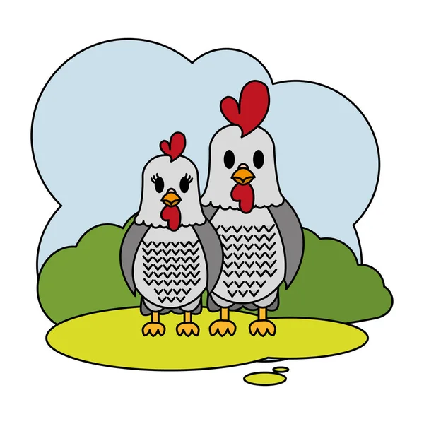 Color Couple Rooster Hen Farm Animal Landscape Vector Illustration — Stock Vector