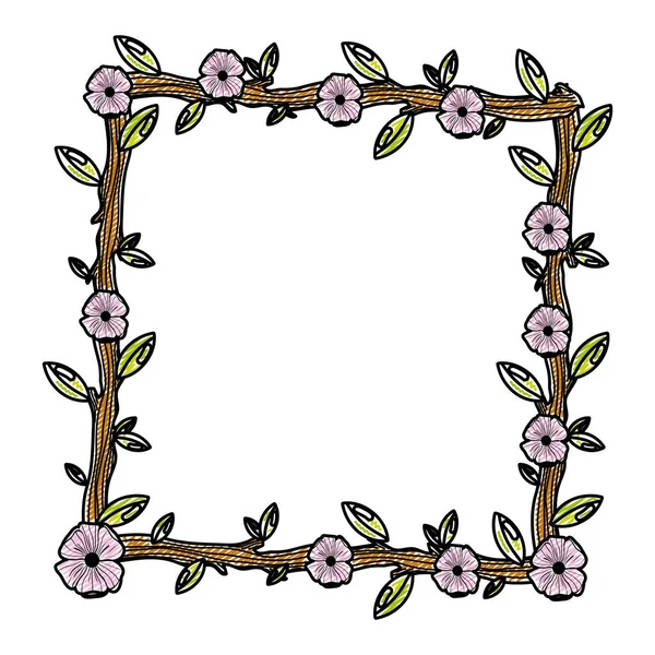 Doodle Squard Frame Met Bloemen Planten Stijl Vectorillustratie — Stockvector