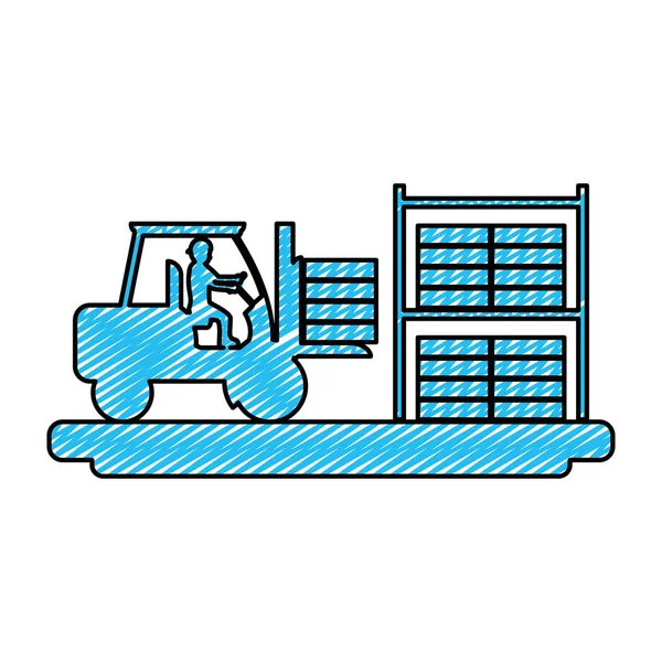 Dodle Εργάτη Εξοπλισμό Κατασκευής Forlift Και Κτίριο Εικονογράφηση Διάνυσμα — Διανυσματικό Αρχείο