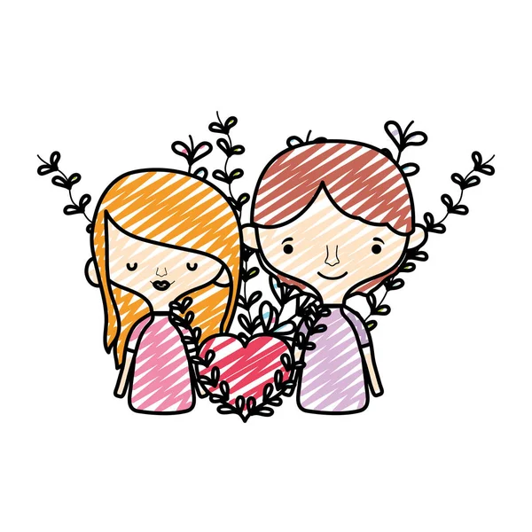 Gribouiller Mignon Couple Coeur Avec Branches Feuilles Illustration Vectorielle — Image vectorielle