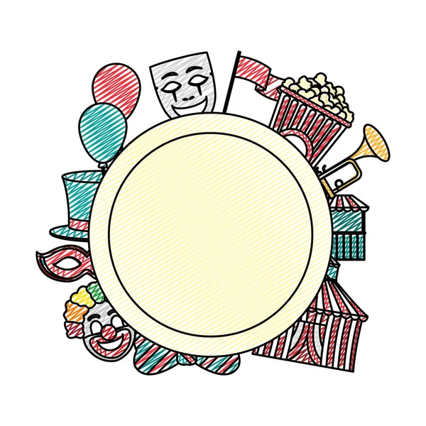 Emblème Cercle Doodle Avec Illustration Vectorielle Fête Divertissement Carnaval — Image vectorielle