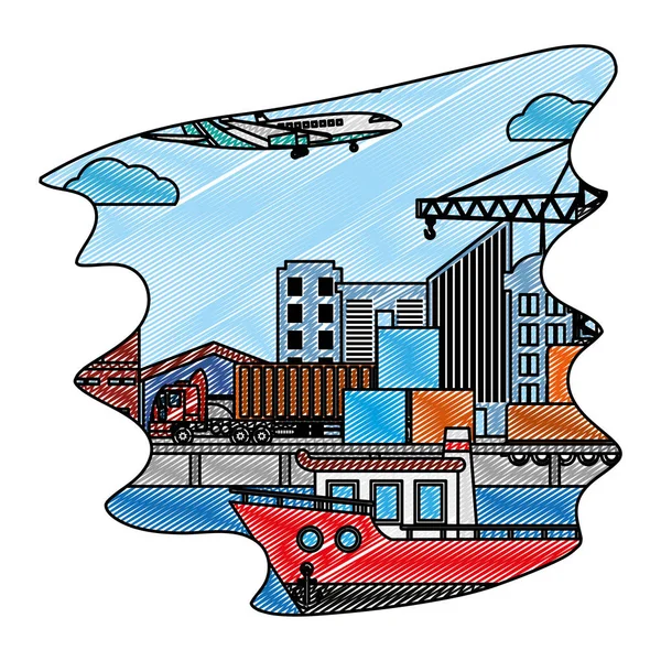 Doodle Levering Schip Vrachtwagen Servicecontainers Met Vliegtuig Vectorillustratie — Stockvector