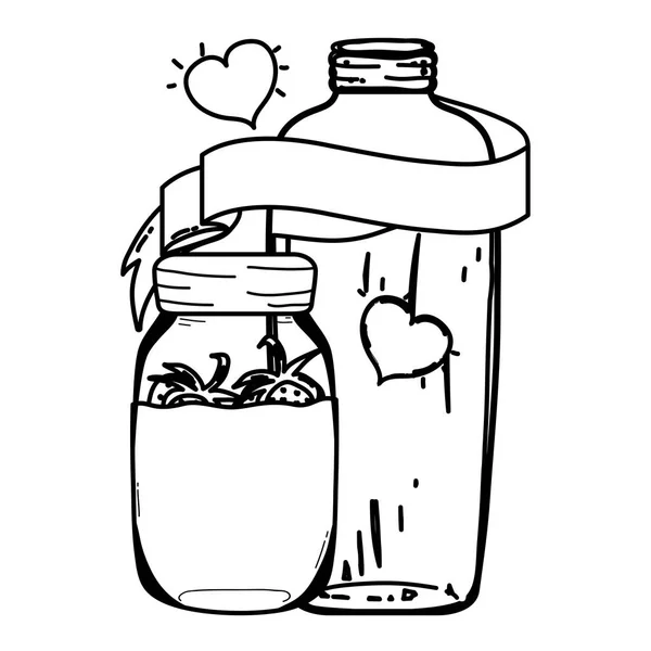 Línea Jugo Fresas Los Albañiles Con Cinta Corazones Vector Ilustración — Archivo Imágenes Vectoriales