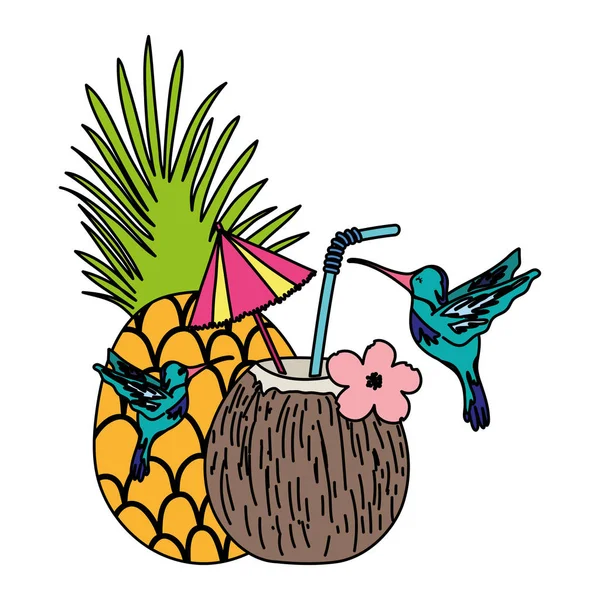Färg Tropiska Fåglar Och Exotiska Ananas Och Kokos Vektorillustration — Stock vektor