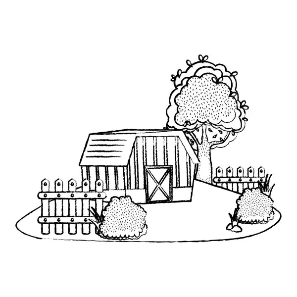 Grunge House Ferme Avec Grillage Bois Illustration Vectorielle Des Arbres — Image vectorielle