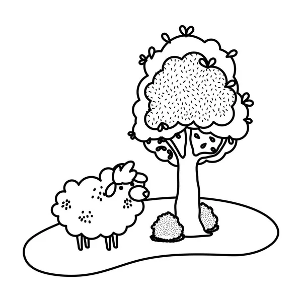 Γραμμή Χαριτωμένα Πρόβατα Αγρόκτημα Ζώο Δίπλα Στο Δέντρο Εικονογράφηση Διάνυσμα — Διανυσματικό Αρχείο