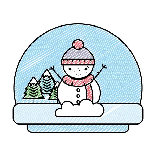 Doodle Schneemann Der Winterlandschaft Mit Kiefern Vektorillustration — Stockvektor