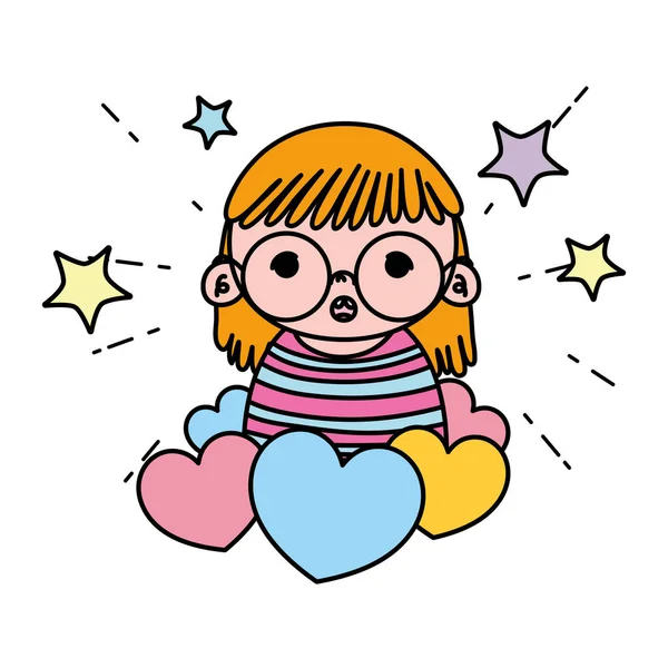 Color Girl Child Glasses Hearts Stars Vector Illustration — Stock Vector