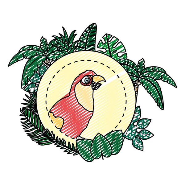 Doodle Papagei Mit Exotischen Zweigen Blätter Dekoration Vektor Illustration — Stockvektor