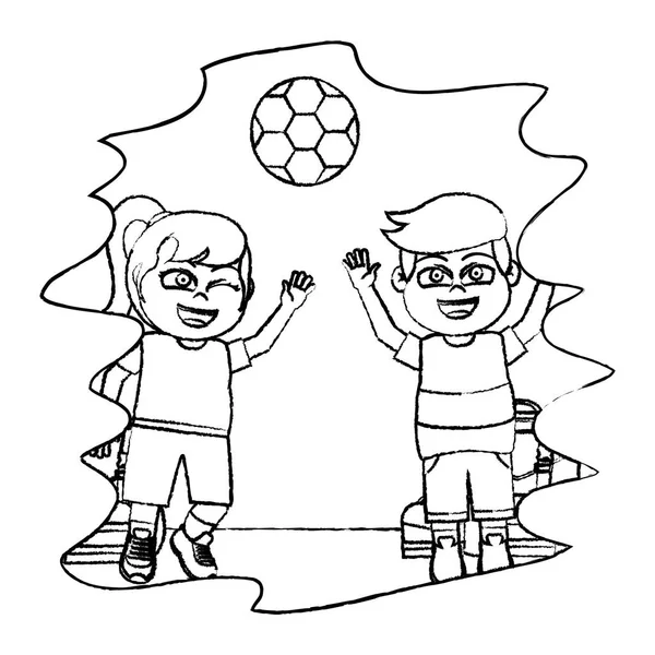 Grunge Niños Jugando Con Pelota Fútbol Aula Vector Ilustración — Vector de stock