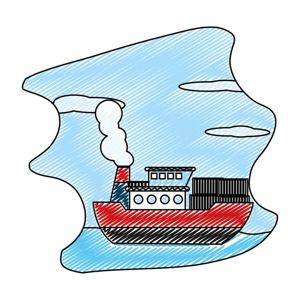 Doodle Schip Zeevervoer Met Levering Containers Vectorillustratie — Stockvector