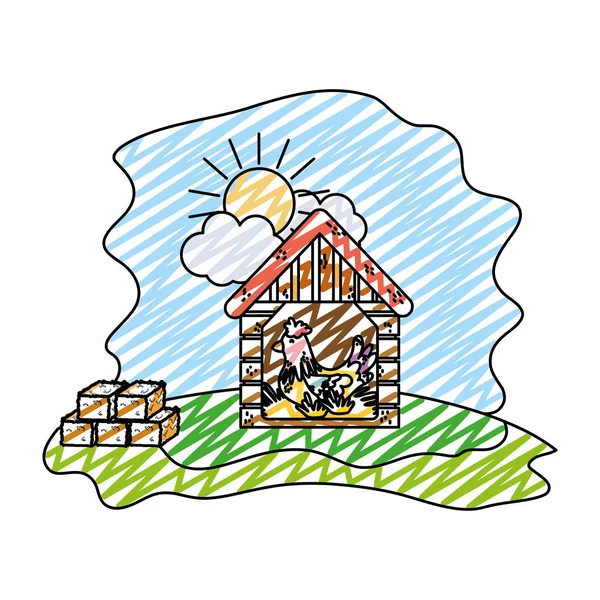Galinha Doodle Dentro Casa Brooding Com Palha Fardo Vetor Ilustração — Vetor de Stock