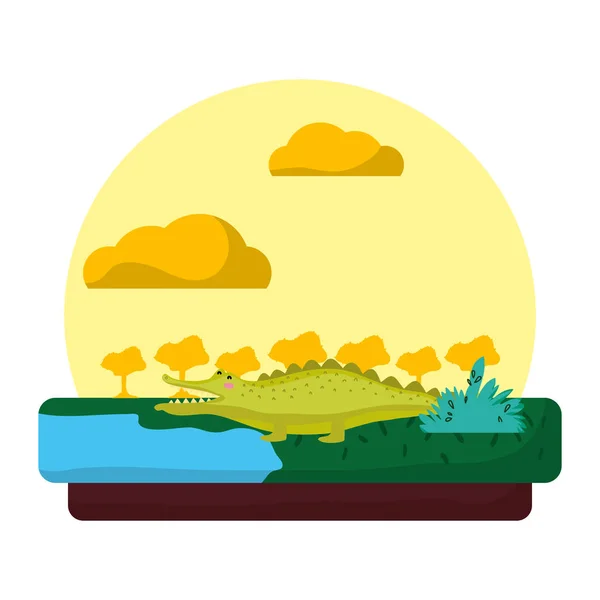 Adorable Crocodile Animal Sauvage Dans Illustration Vectorielle Paysage — Image vectorielle