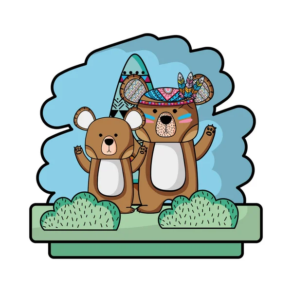 Tribal Para Niedźwiedź Zwierzęta Piór Wektorowych Ilustracji — Wektor stockowy