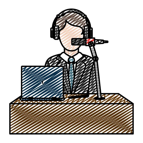 Каракулі Професійний Журналіст Ноутбуком Обладнанням Мікрофонів Векторні Ілюстрації — стоковий вектор