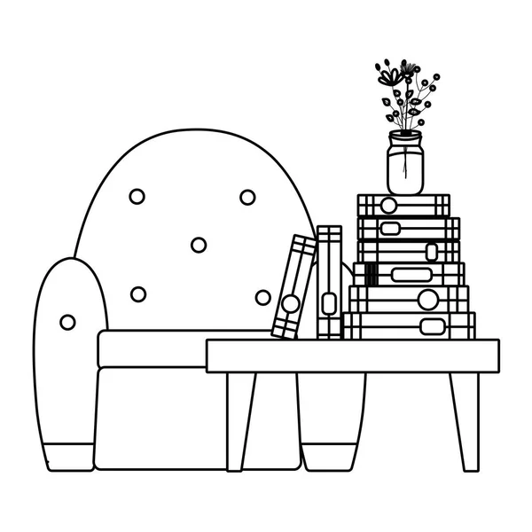 テーブルと椅子のベクトル図に線本 花花瓶 — ストックベクタ