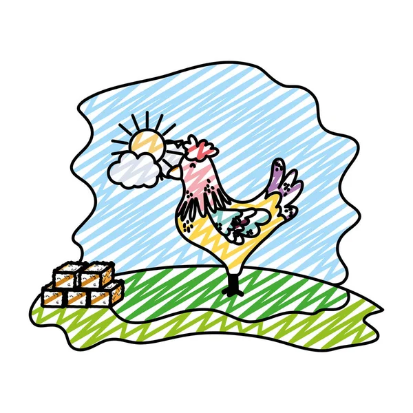 ストローベイルのベクトル図とオンドリの農場の動物を落書き — ストックベクタ