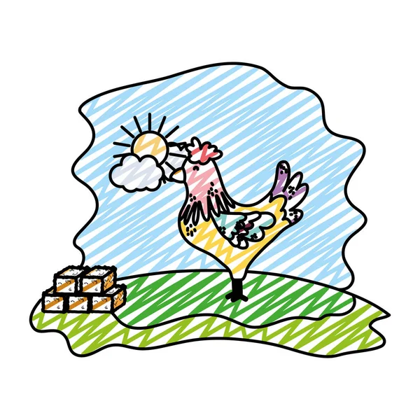 Doodle Gallo Fattoria Animale Con Paglia Balla Vettore Illustrazione — Vettoriale Stock