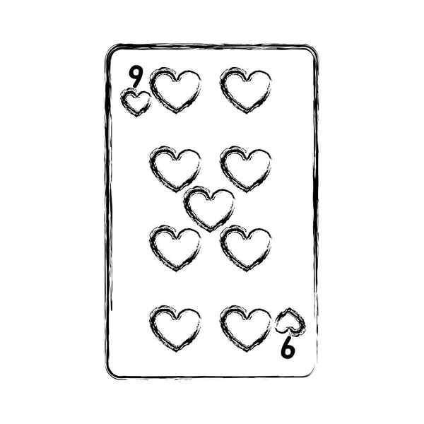 Grunge Nine Hearts Casino Card Game Vector Illustration — Stock Vector