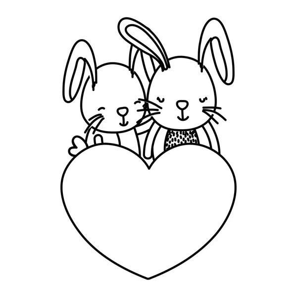 Ligne Couple Lapin Avec Mignon Coeur Vecteur Illustration — Image vectorielle