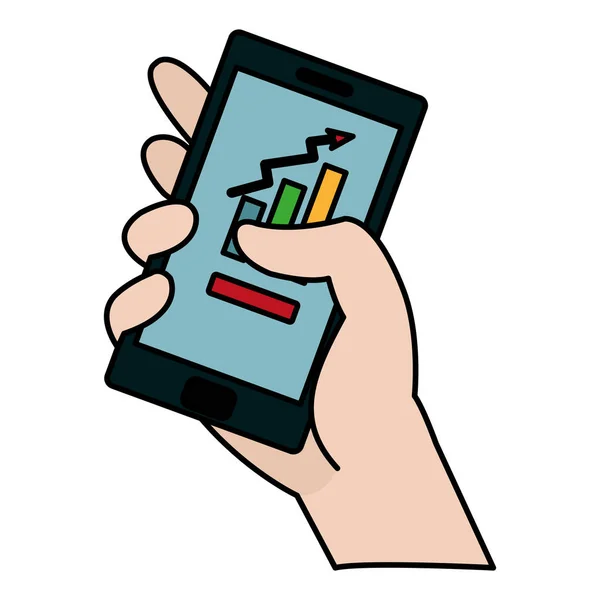 color hand with smartphone technology and statistics bar vector illustration