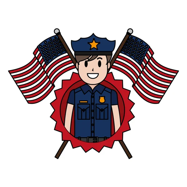 Färg Pliceman Med Patriotiska Usa Flaggor Och Emblem Vektorillustration — Stock vektor