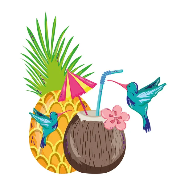 Tropiska Fåglar Och Exotiska Ananas Och Kokos Vektorillustration — Stock vektor