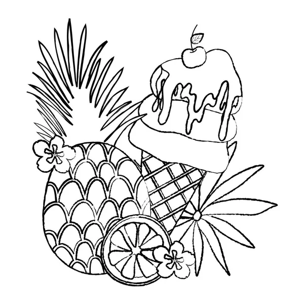 Grunge Tropische Ananas Und Zitrone Mit Eis Vektor Illustration — Stockvektor