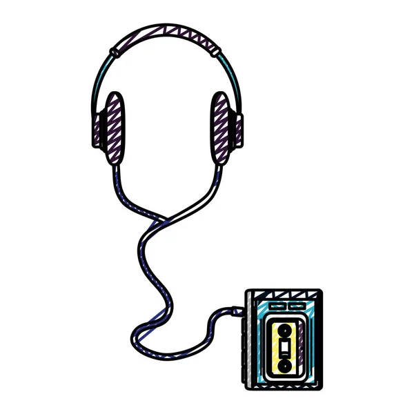 Doodle Koptelefoon Luisteren Cassette Muziek Technologie Vectorillustratie — Stockvector