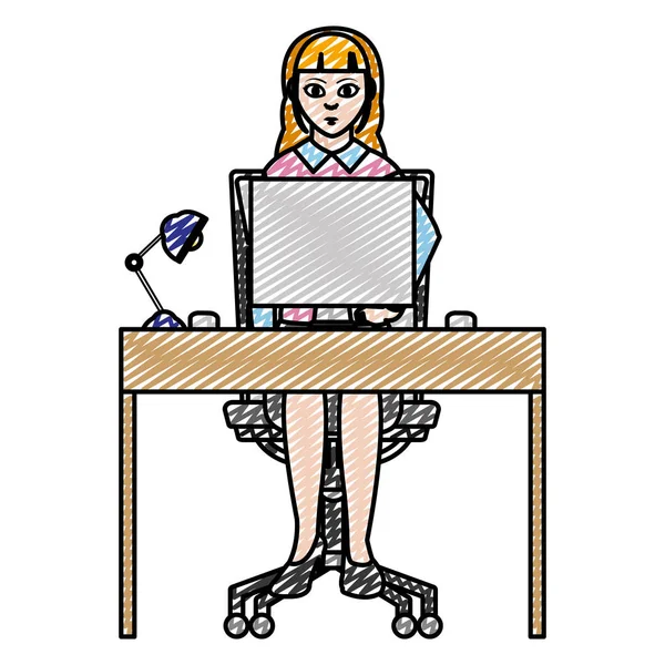 Gribouille Femme Affaires Assise Avec Bureau Bois Illustration Vectorielle Ordinateur — Image vectorielle