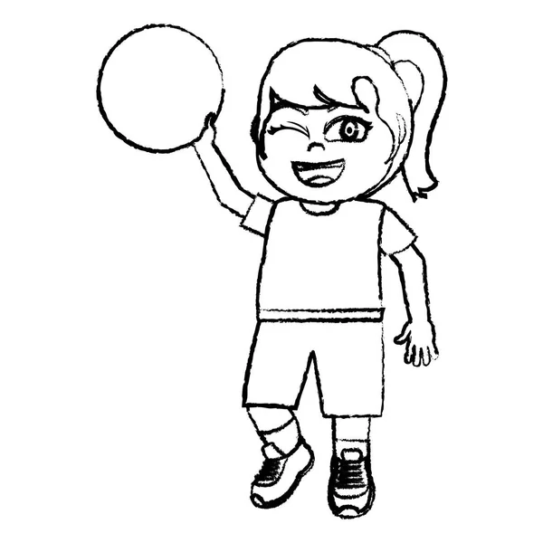 Grunge Feliz Chica Con Bola Deporte Ropa Vector Ilustración — Vector de stock