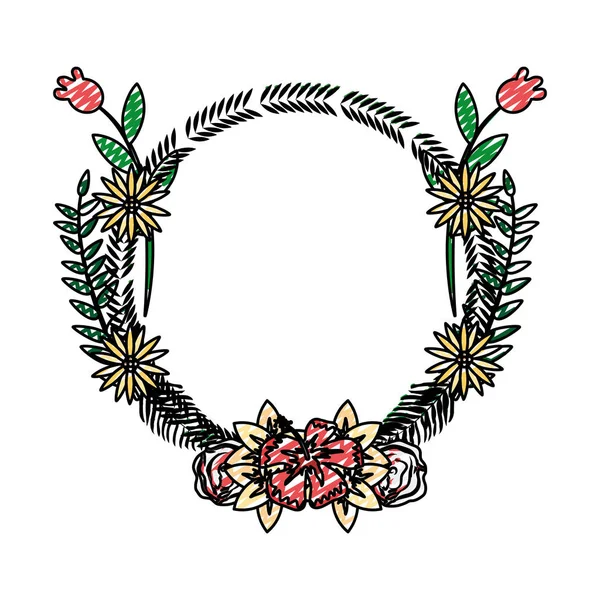 Doodle Κύκλο Τροπικό Κλαδιά Άνθη Και Φύλλα Διανυσματικά Εικονογράφηση — Διανυσματικό Αρχείο