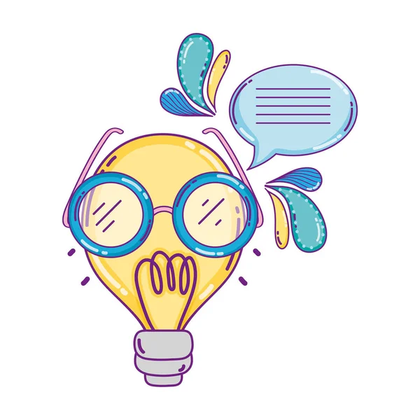 Kawaii Bombilla Con Gafas Burbujas Chat Vector Ilustración — Archivo Imágenes Vectoriales