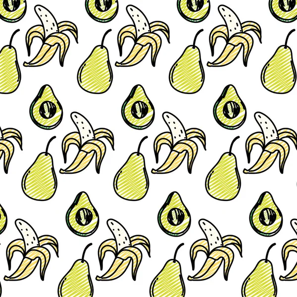 Doodle Abacate Com Pêra Banana Frutas Fundo Vetor Ilustração — Vetor de Stock