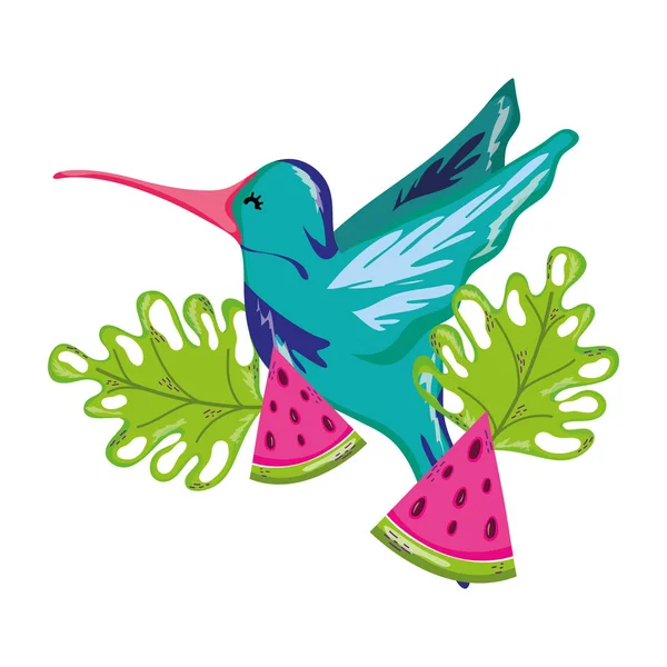 Plantas Tropicales Con Colibrí Sandías Frutas Vector Ilustración — Archivo Imágenes Vectoriales