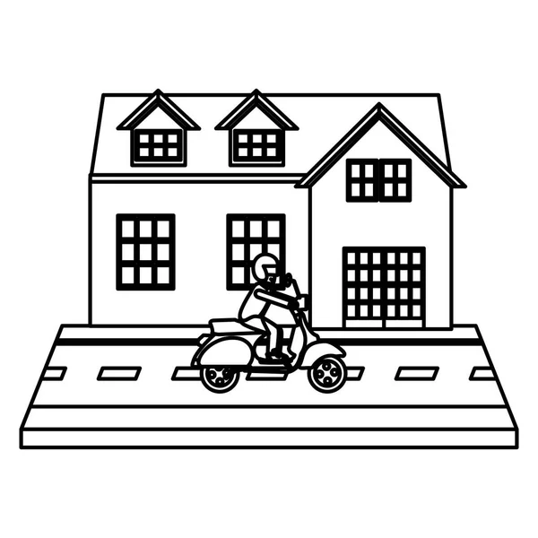 Line City House Man Motorcycle Street Vector Illustration — Stock Vector