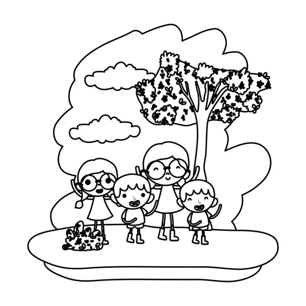 Línea Feliz Niñas Niños Niños Bosque Vector Ilustración — Vector de stock