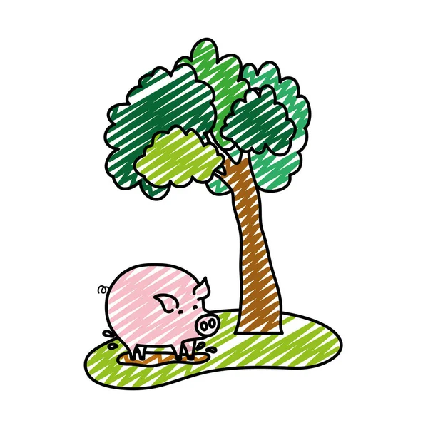 涂鸦树旁边猪农场动物在沼泽向量例证 — 图库矢量图片