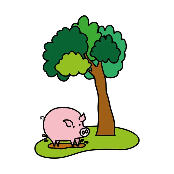 颜色树旁边猪农场动物在沼泽向量例证 — 图库矢量图片