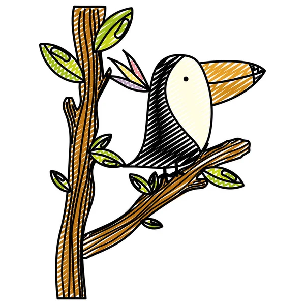 Doodle Adorable Toucan Zwierząt Gałęzi Drzewa Pozostawia Ilustracja Wektorowa — Wektor stockowy