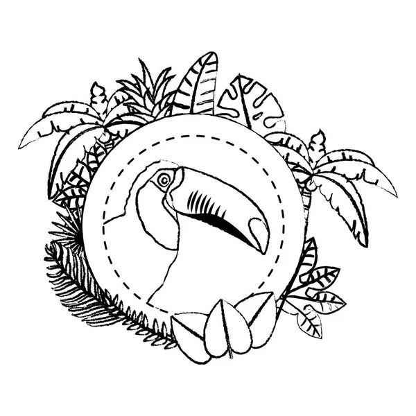 Grunge Pelícano Con Ramas Exóticas Hojas Decoración Vector Ilustración — Vector de stock