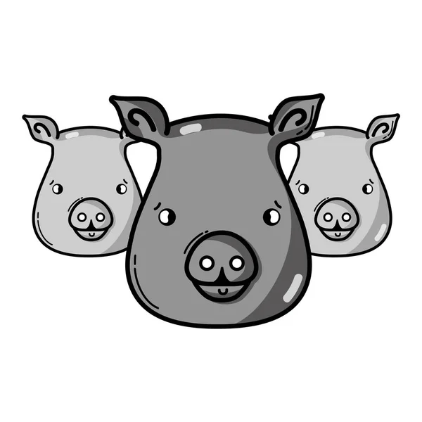 Grayscale Cute Pigs Heads Wilds Animals Vector Illustration — Stock Vector